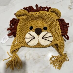NEW Handmade Toddler 3 Years + Crochet Lion Brown Knit Hat Boy Girl Animal